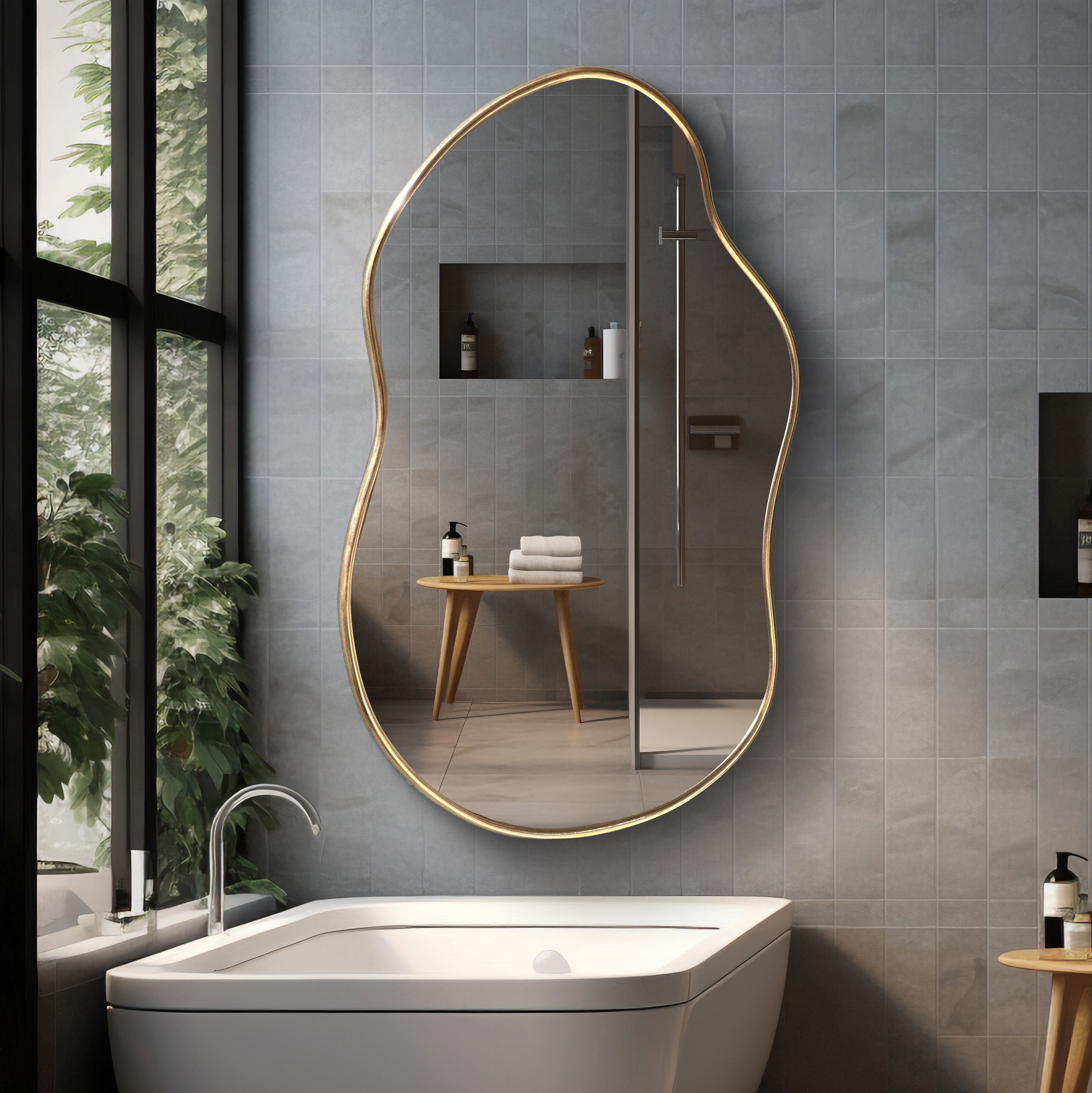 Large Irregular Shaped Mirror - Brass Bathroom Mirror