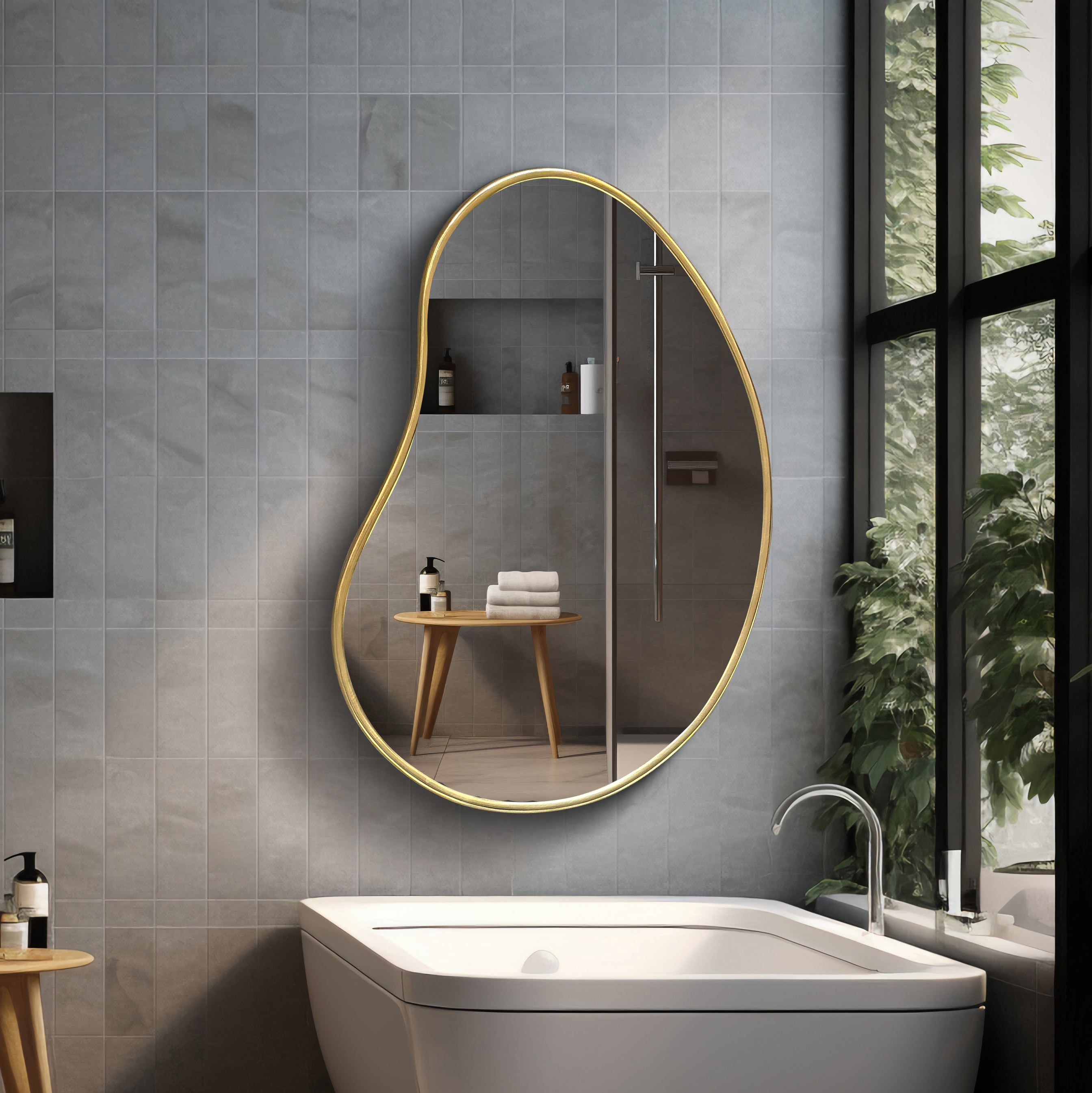 Organic Shaped Bathroom Brass Mirror