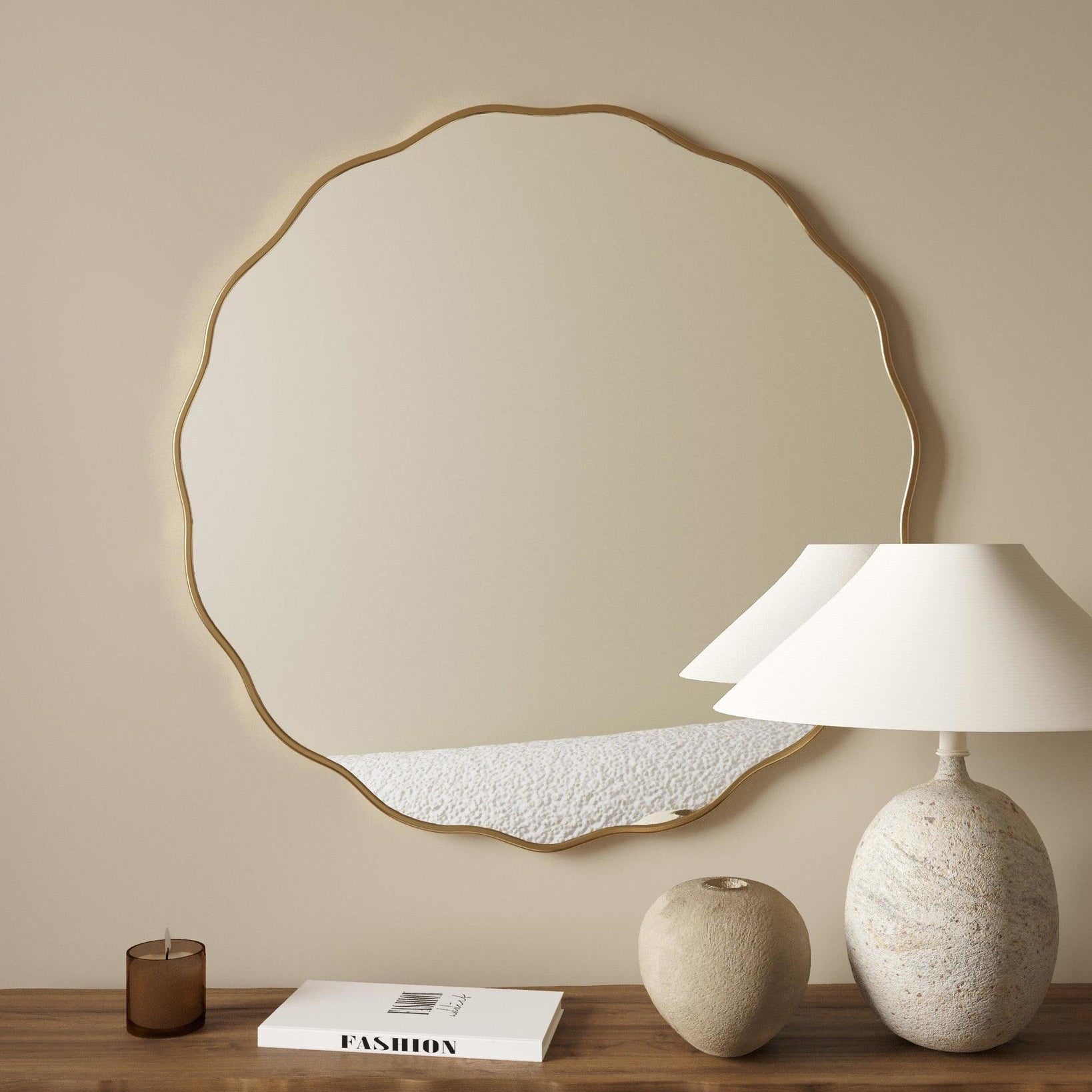 Wavy Scalloped Round Wall Brass Mirror